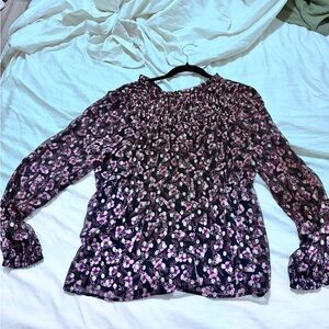 Loft Women's Floral Smocked Long-Sleeve Top - Pink on Black